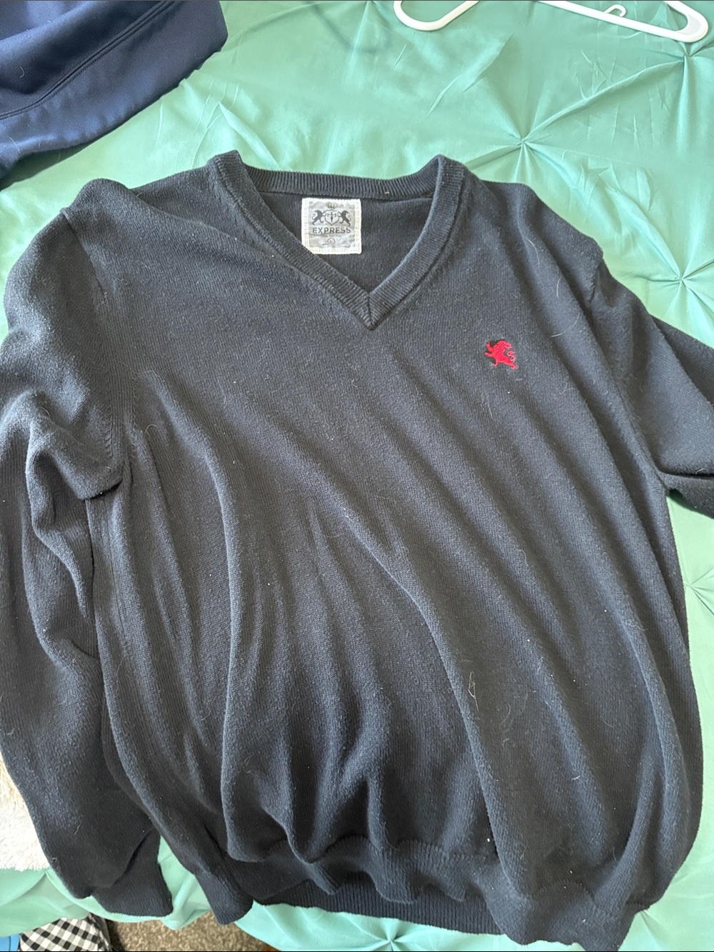 Express Men’s Black V-Neck Sweater with Red Emblem